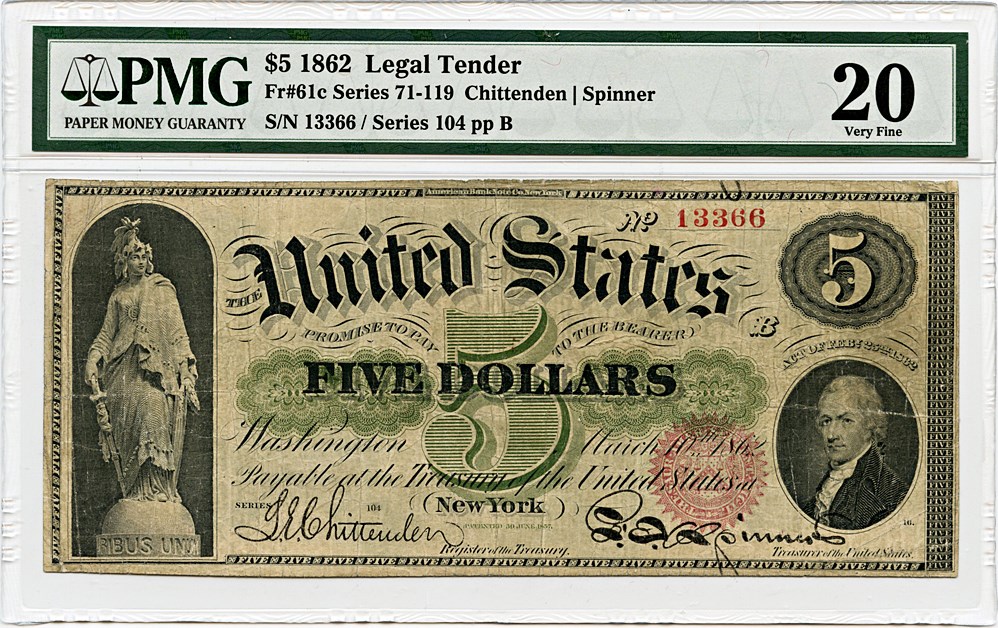 image for: FR. 61c 1862 $5 Legal Tender PMG Very Fine 20