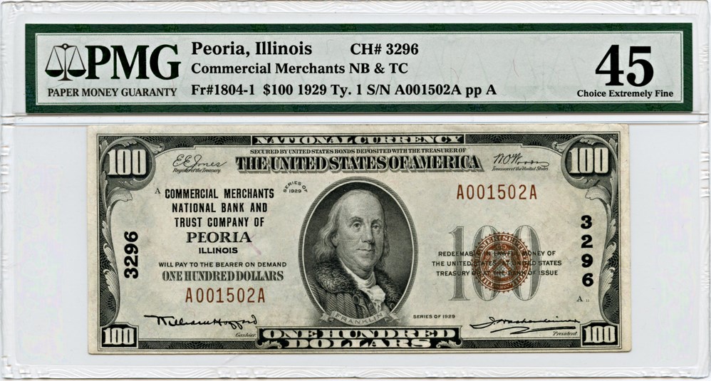 image for: FR. 1804-1 1929 Type 1 $100 Peoria, Illinois PMG Extremely Fine 45 (Ink)