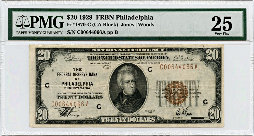 image for: FR. 1870C 1929 $20 FRBN Philadelphia PMG Very Fine 25
