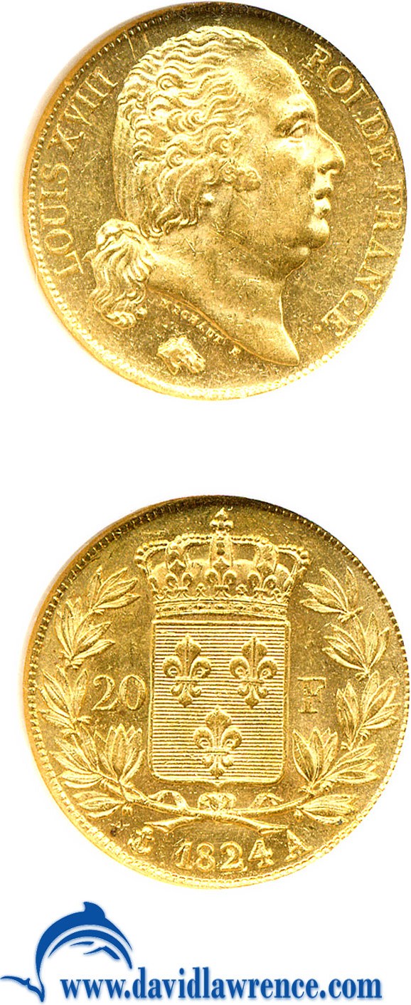 image for: France: 1824-A 20 Fr  NGC AU58 (KM-712.1)