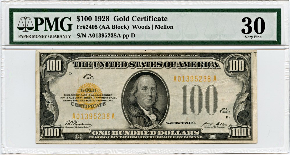 image for: FR. 2405 1928 $100 Gold Cert PMG Very Fine 30