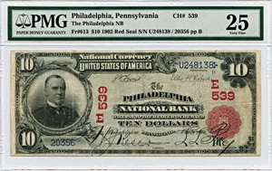 image for: FR. 613 1902 3rd Charter Period 1st Issue Red Seal $10 Philadelphia, Pennsylvania PMG Very Fine 25