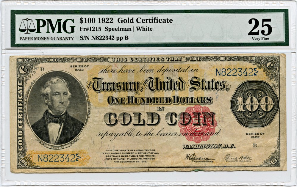 image for: FR. 1215 1922 $100 Gold Cert PMG Very Fine 25