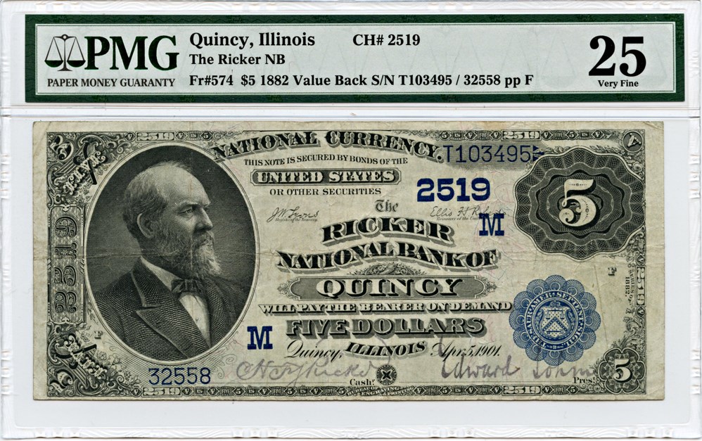 image for: FR. 574 1882 2nd Charter Period 3rd Issue Value Back $5 Quincy, Illinois PMG Very Fine 25