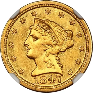 image for: Mint Error: 1847-O $2 1/2 NGC AU58 (Rotated Dies)