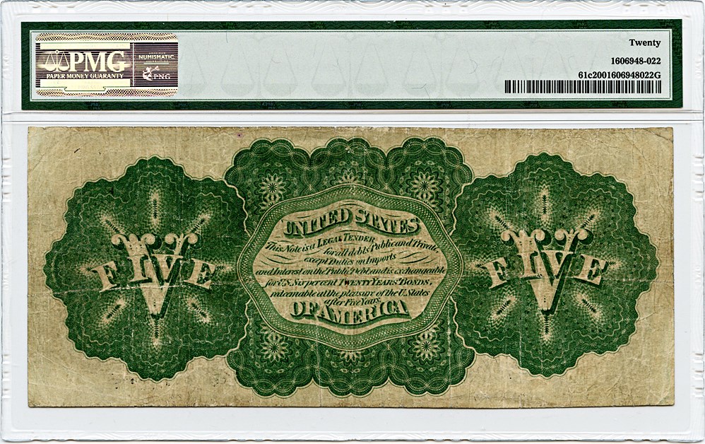 image for: FR. 61c 1862 $5 Legal Tender PMG Very Fine 20