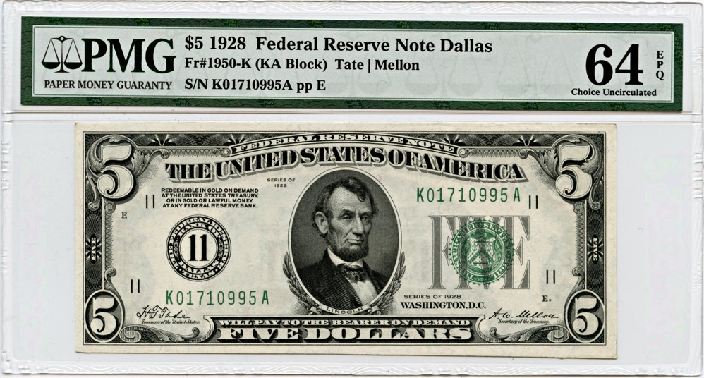 image for: FR. 1950K 1928 $5 FRN Dallas PMG Choice Unc 64 EPQ (As Made Paper Wrinkles)