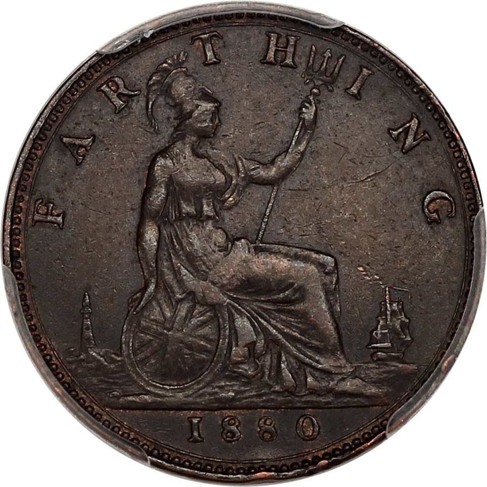 image for: Great Britain: 1880 1/4 Far PCGS AU Detail (S-3958 Four Berries, KM #753, Rim Damage)
