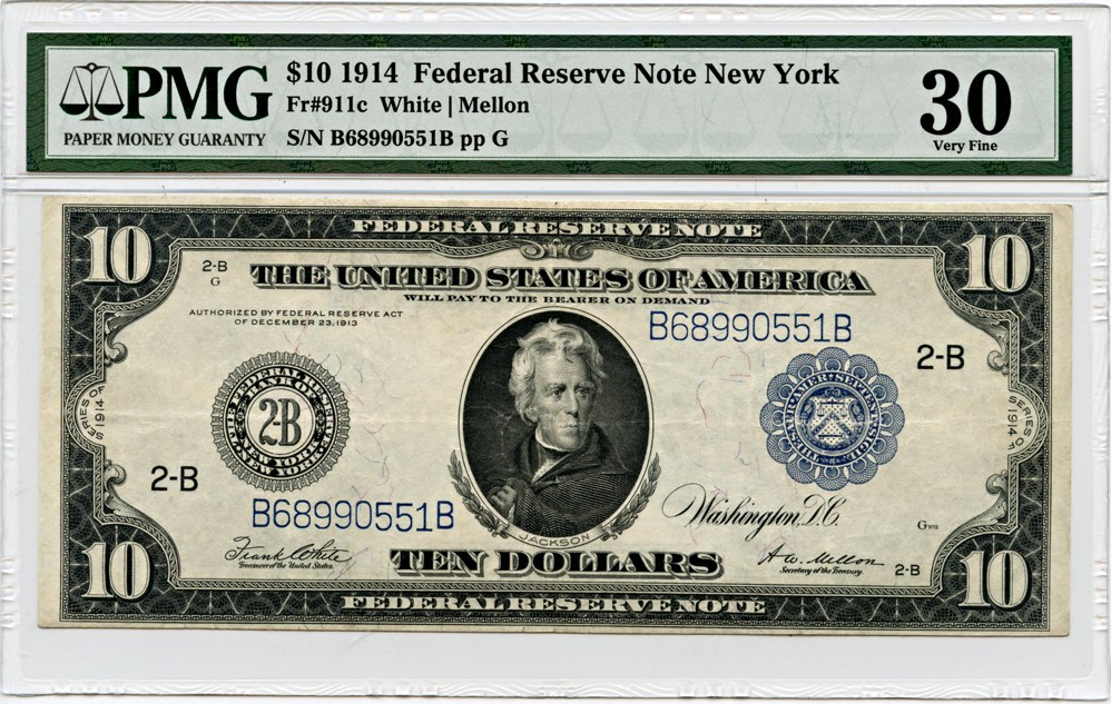 image for: FR. 911c 1914 Blue Seal $10 FRN New York PMG Very Fine 30
