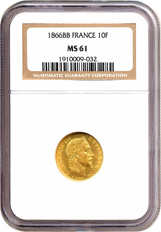image for: France: 1866-BB 10 Fr  NGC MS61 (KM-800.2)