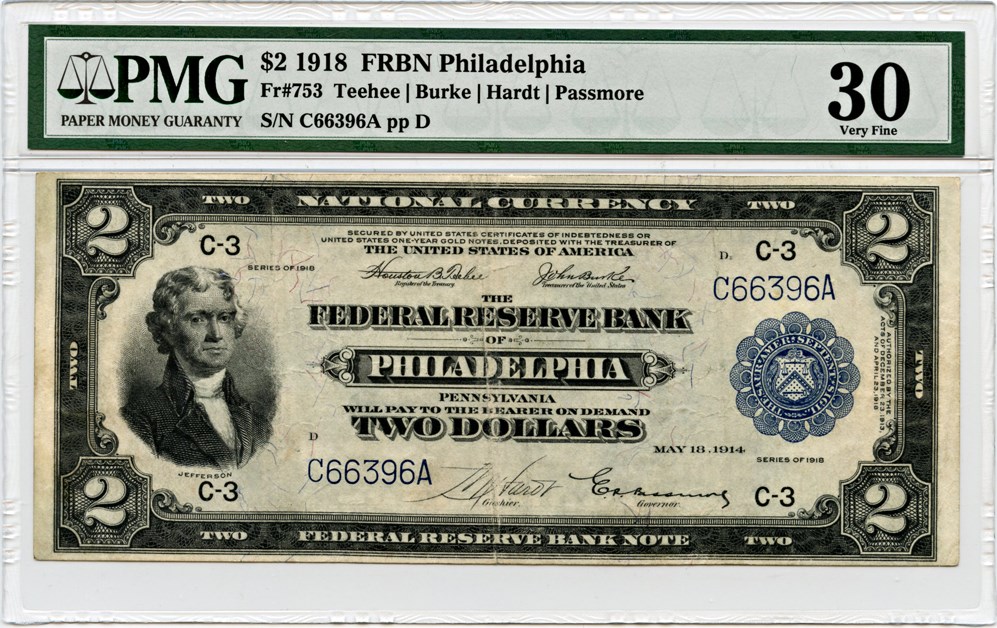 image for: FR. 753 1918 $2 FRBN Philadelphia PMG Very Fine 30 (Previously Mounted)