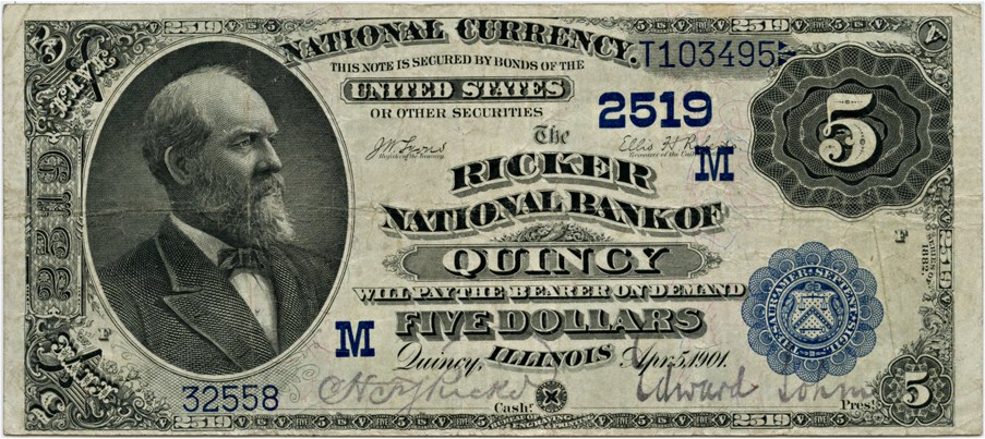 image for: FR. 574 1882 2nd Charter Period 3rd Issue Value Back $5 Quincy, Illinois PMG Very Fine 25