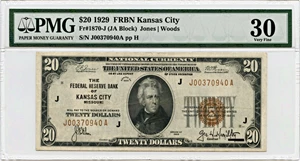 image for: FR. 1870J 1929 $20 FRBN Kansas City PMG Very Fine 30