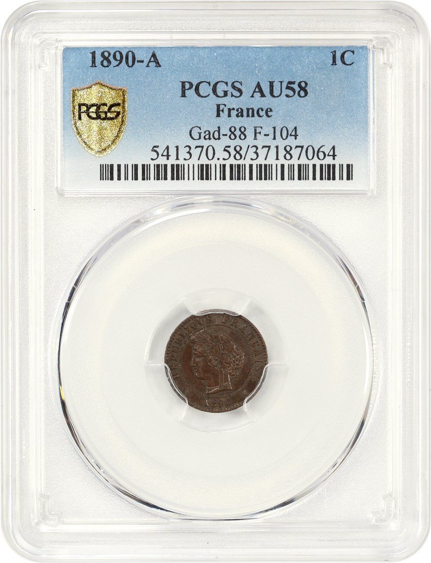 image for: France: 1890-A 1 Centime PCGS AU58 (Gad-88, F-104, KM #826.1)