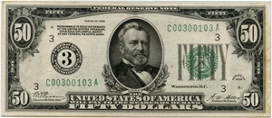 image for: FR. 2100C 1928 $50 FRN Philadelphia PMG Very Fine 30 (Stained)