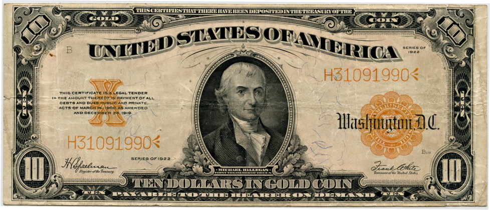 image for: FR. 1173 1922 $10 Gold Cert PMG Very Fine 30 (Tears)