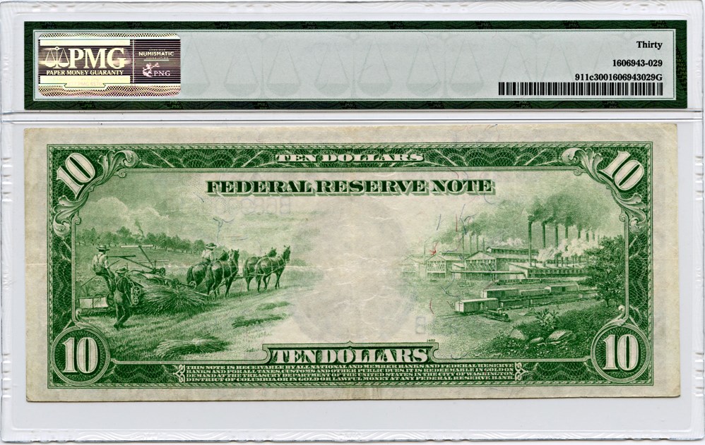 image for: FR. 911c 1914 Blue Seal $10 FRN New York PMG Very Fine 30