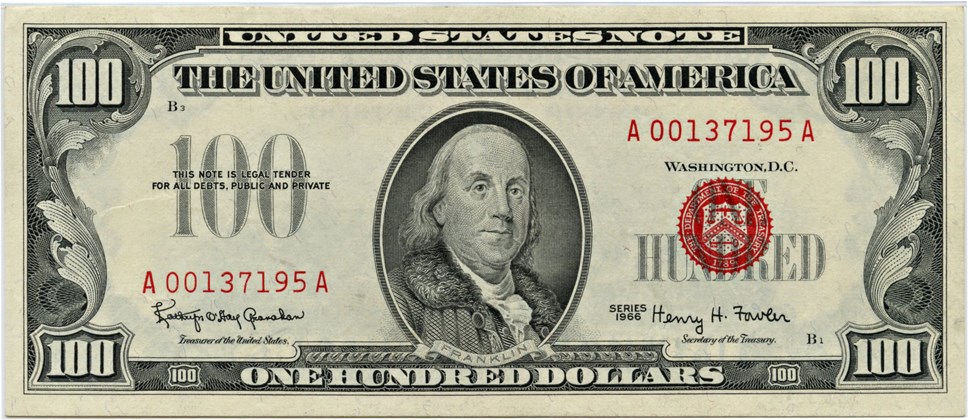 image for: FR. 1550 1966 $100 Legal Tender PMG About Unc 58 EPQ