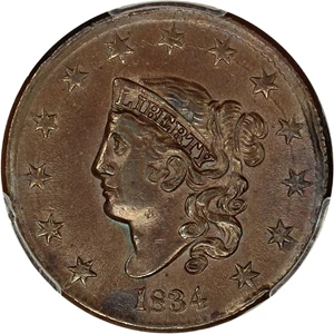 image for: 1834 1c PCGS AU58 (Small 8, Large Stars, Medium Letters)