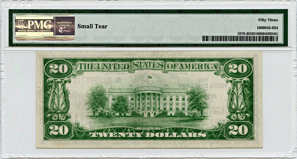 image for: FR. 1870B 1929 $20 FRBN New York PMG About Unc 53 (Small Tear)