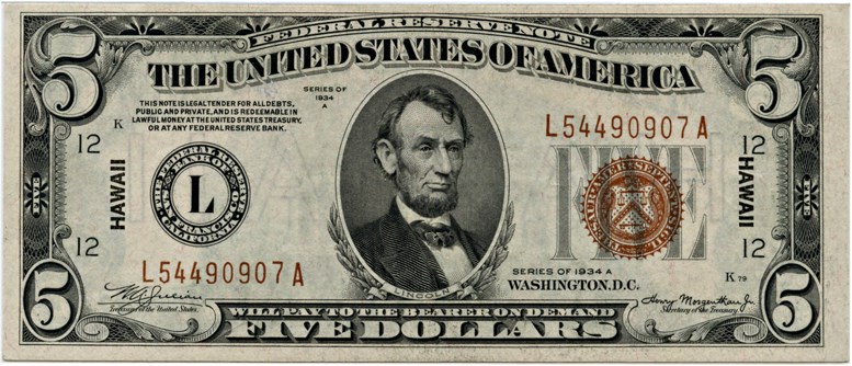 image for: FR. 2302 1934A Hawaiian $5 WWII Emergency Issue PMG About Unc 55 EPQ