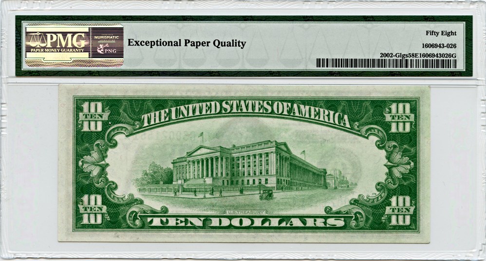 image for: FR. 2002-Glgs 1928B $10 FRN Chicago PMG About Unc 58 EPQ