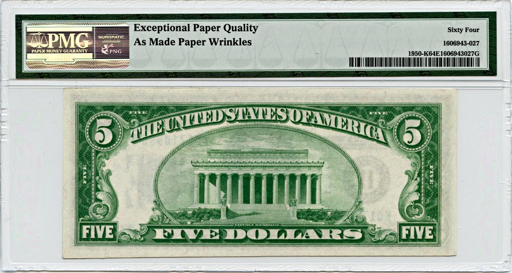image for: FR. 1950K 1928 $5 FRN Dallas PMG Choice Unc 64 EPQ (As Made Paper Wrinkles)
