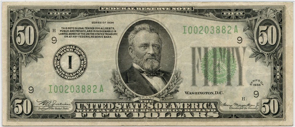 image for: FR. 2102-Idgs 1934 $50 FRN Minneapolis PMG Very Fine 30