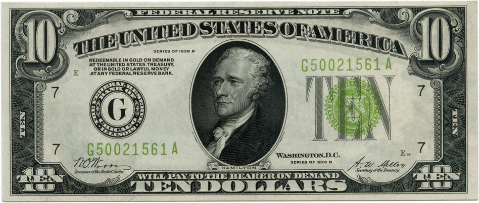 image for: FR. 2002-Glgs 1928B $10 FRN Chicago PMG About Unc 58 EPQ