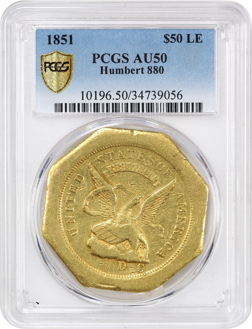 image for: 1851 Humbert $50 PCGS AU50 (Lettered Edge, .880 THOUS, K-2)