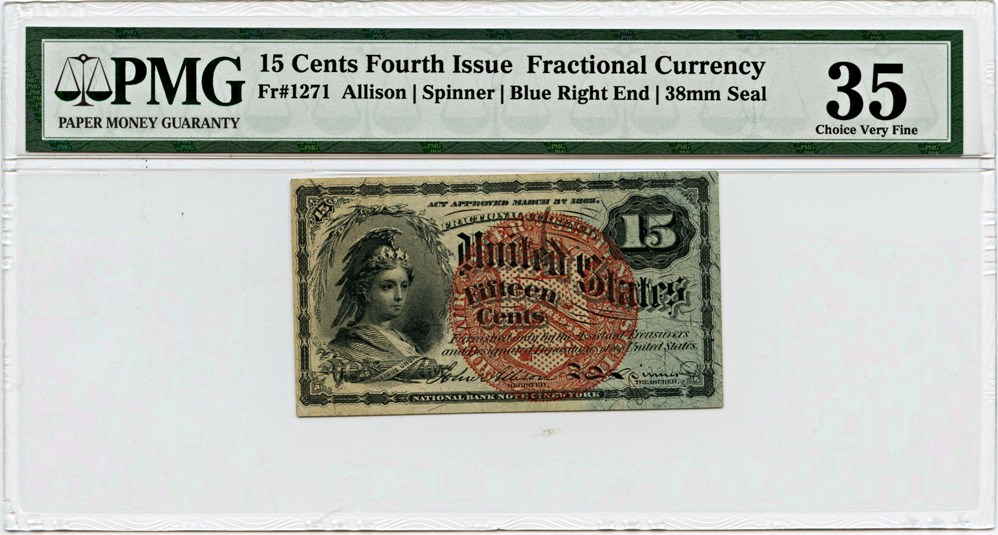 image for: FR. 1271 Bust of Columbia 15c Fourth Issue PMG Very Fine 35 (As Made Inclusion, Annotation)