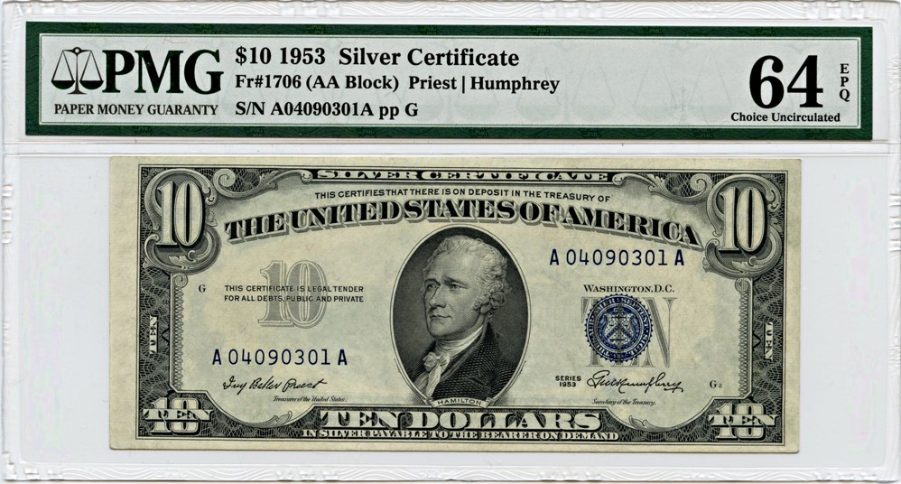 image for: FR. 1706 1953 $10 Silver Cert PMG Choice Unc 64 EPQ