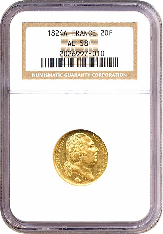 image for: France: 1824-A 20 Fr  NGC AU58 (KM-712.1)