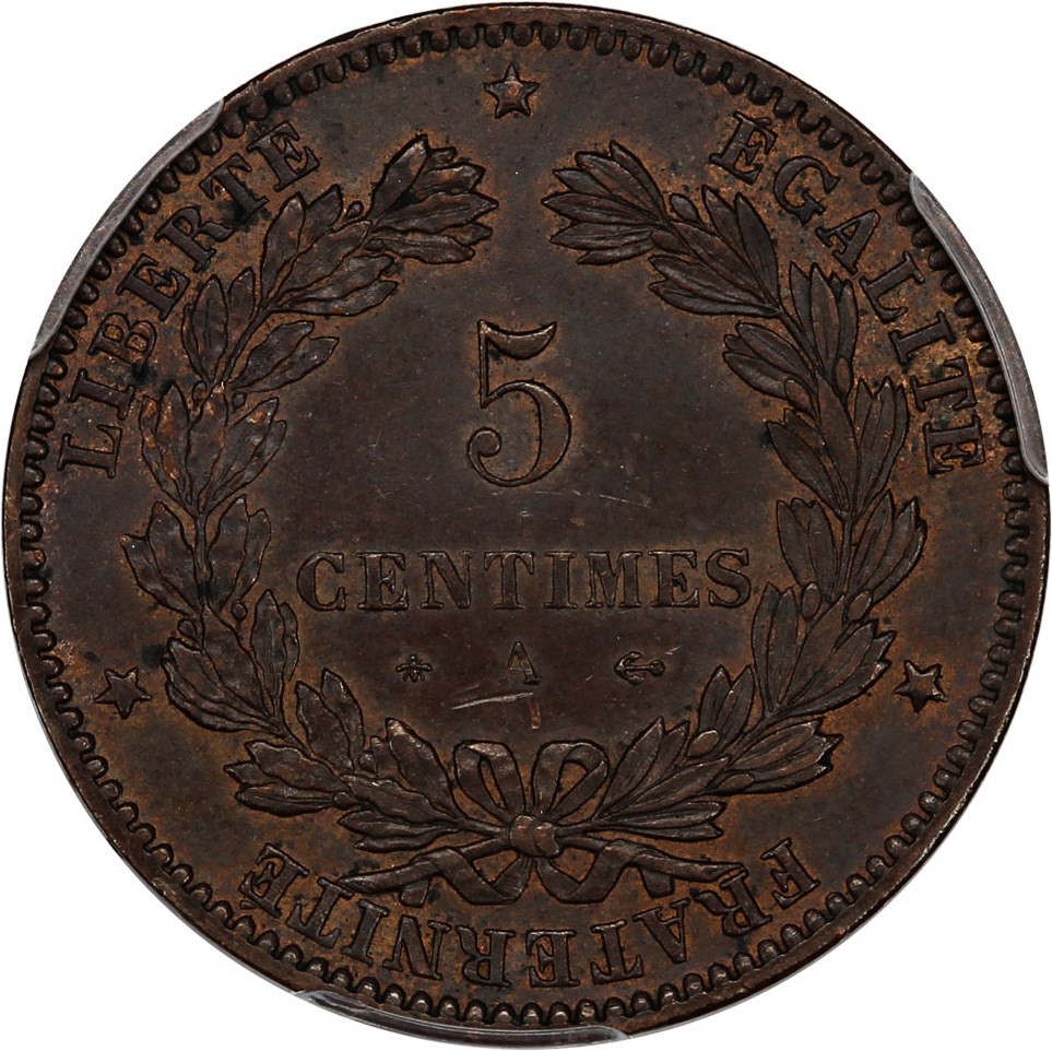 image for: France: 1877-A 5 Centime PCGS MS62 BN (Gad-157a, KM #821.1)