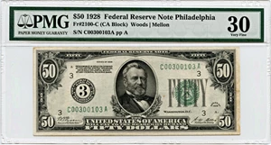 image for: FR. 2100C 1928 $50 FRN Philadelphia PMG Very Fine 30 (Stained)