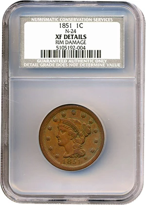image for: 1851 1c NCS XF40 Details (N-24; Rim Damage)