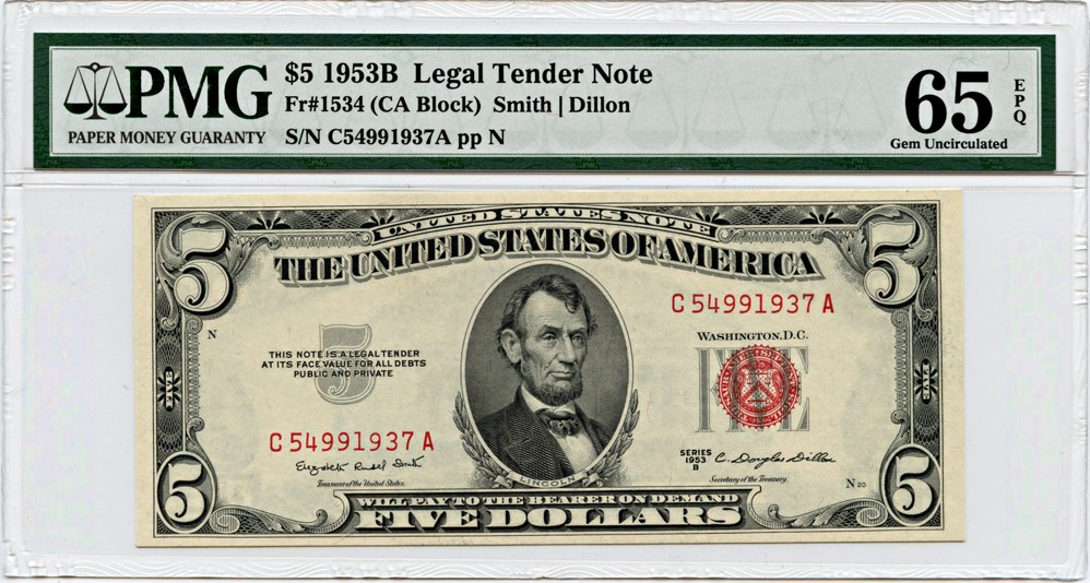 image for: FR. 1534 1953B $5 Legal Tender PMG Gem Unc 65 EPQ