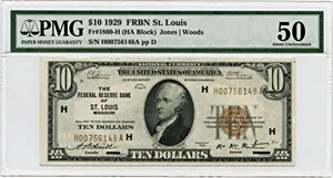image for: FR. 1860H 1929 $10 FRBN St. Louis PMG About Unc 50