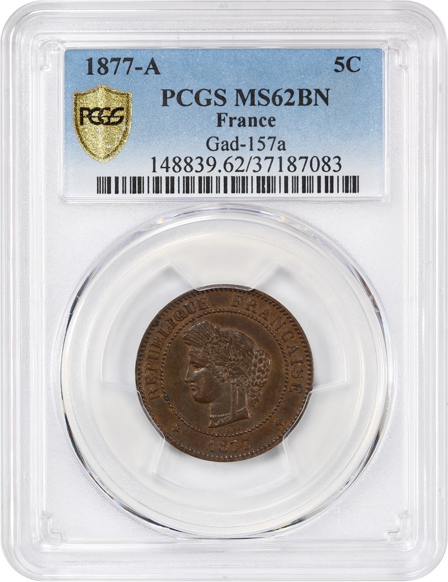 image for: France: 1877-A 5 Centime PCGS MS62 BN (Gad-157a, KM #821.1)