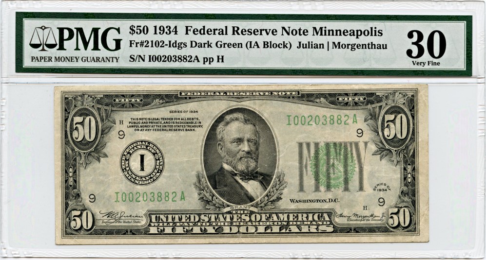 image for: FR. 2102-Idgs 1934 $50 FRN Minneapolis PMG Very Fine 30