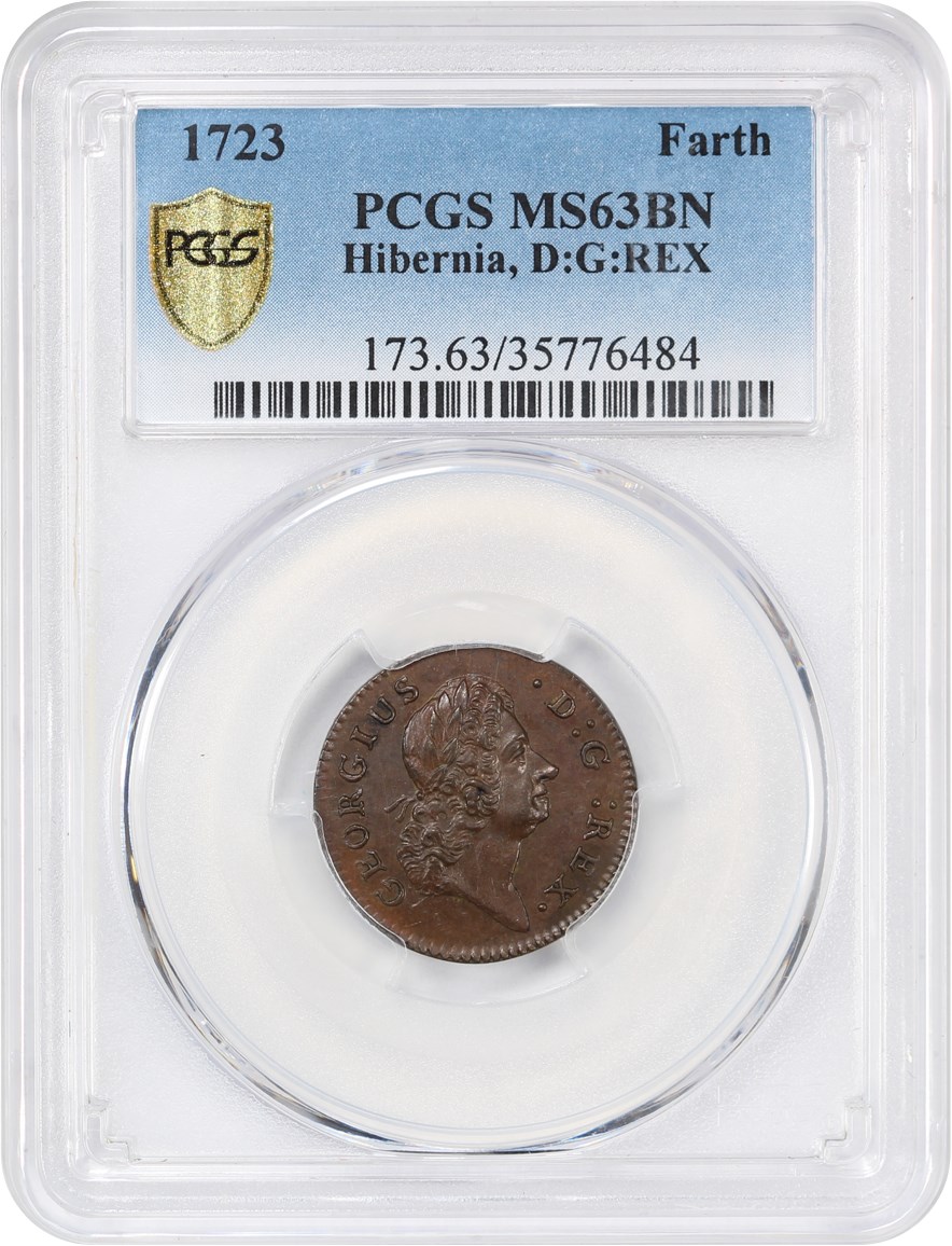 image for: 1723 Hibernia Farthing PCGS MS63 BN (D:G:REX)