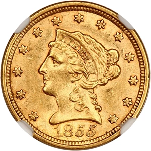 image for: 1855 $2 1/2 NGC MS61