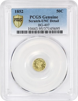 image for: 1852 Cal. Gold 50c PCGS UNC Details (BG-407, Scratch)