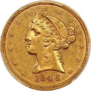 image for: 1846 $5 PCGS/CAC AU58 (Small Date)