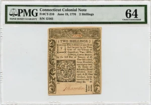 image for: FR. CT-210 1776 19-Jun 2s Connecticut Colonial Note PMG Choice Unc 64 (Cut Cancelled, Annotation)