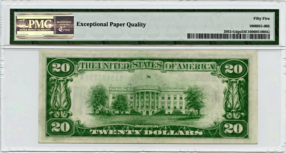 image for: FR. 2052-Gdgs 1928B $20 Federal Reserve Note Chicago PMG About Unc 55 EPQ