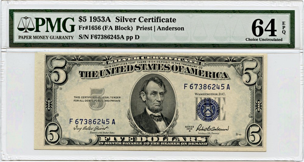 image for: FR. 1656 1953A $5 Silver Certificate PMG Choice Unc 64 EPQ