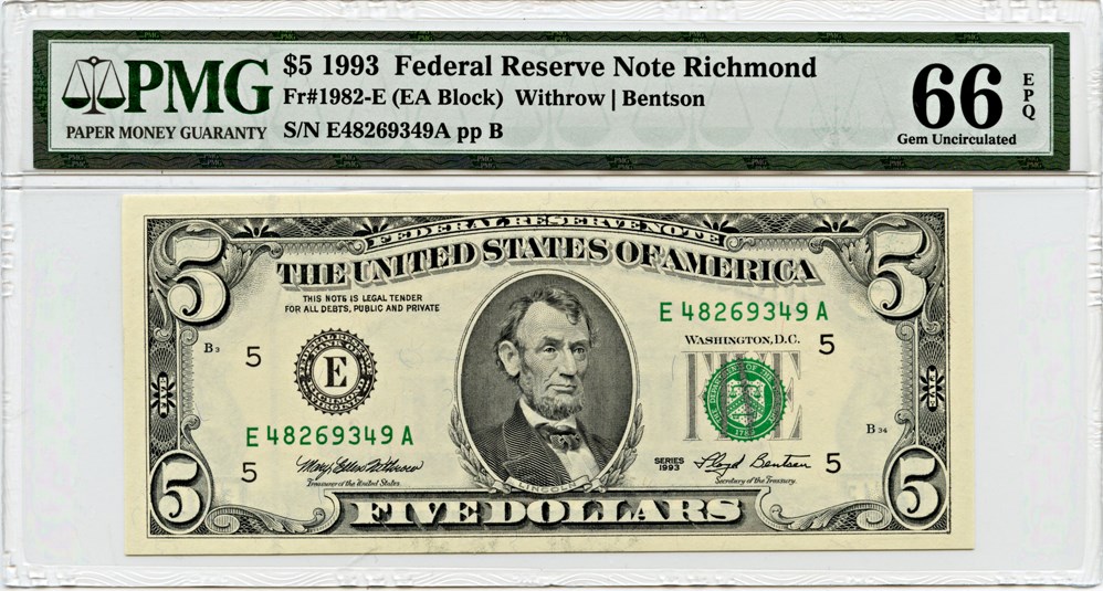 image for: FR. 1982-E 1993 $5 Federal Reserve Note Richmond PMG Gem Unc 66 EPQ