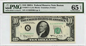 image for: FR. 2017-A 1963A $10 Federal Reserve Note Boston PMG Gem Unc 65 EPQ (Embossing)