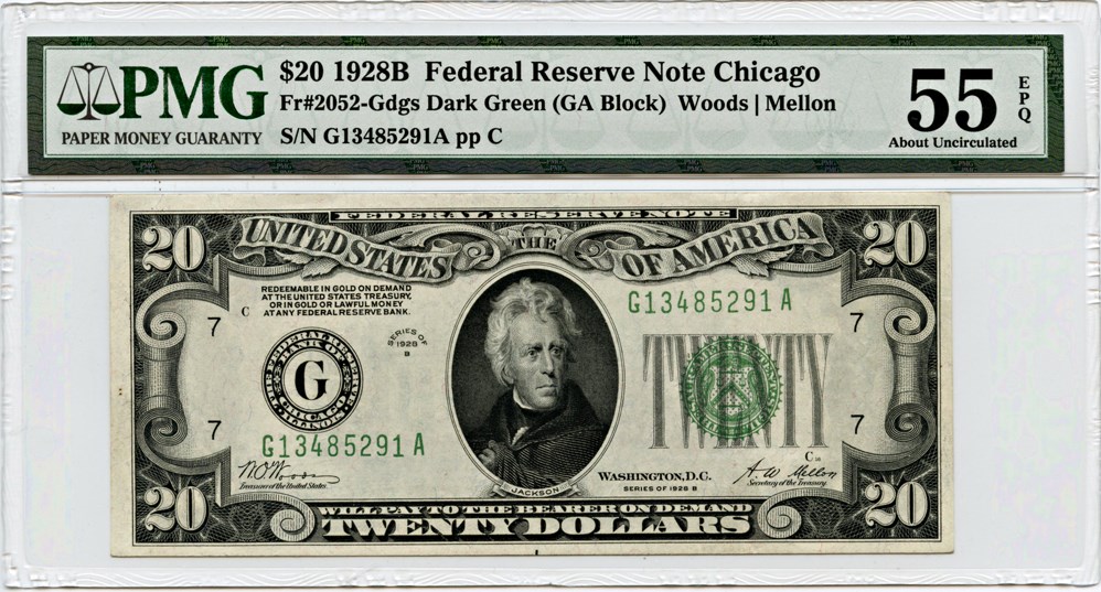image for: FR. 2052-Gdgs 1928B $20 Federal Reserve Note Chicago PMG About Unc 55 EPQ